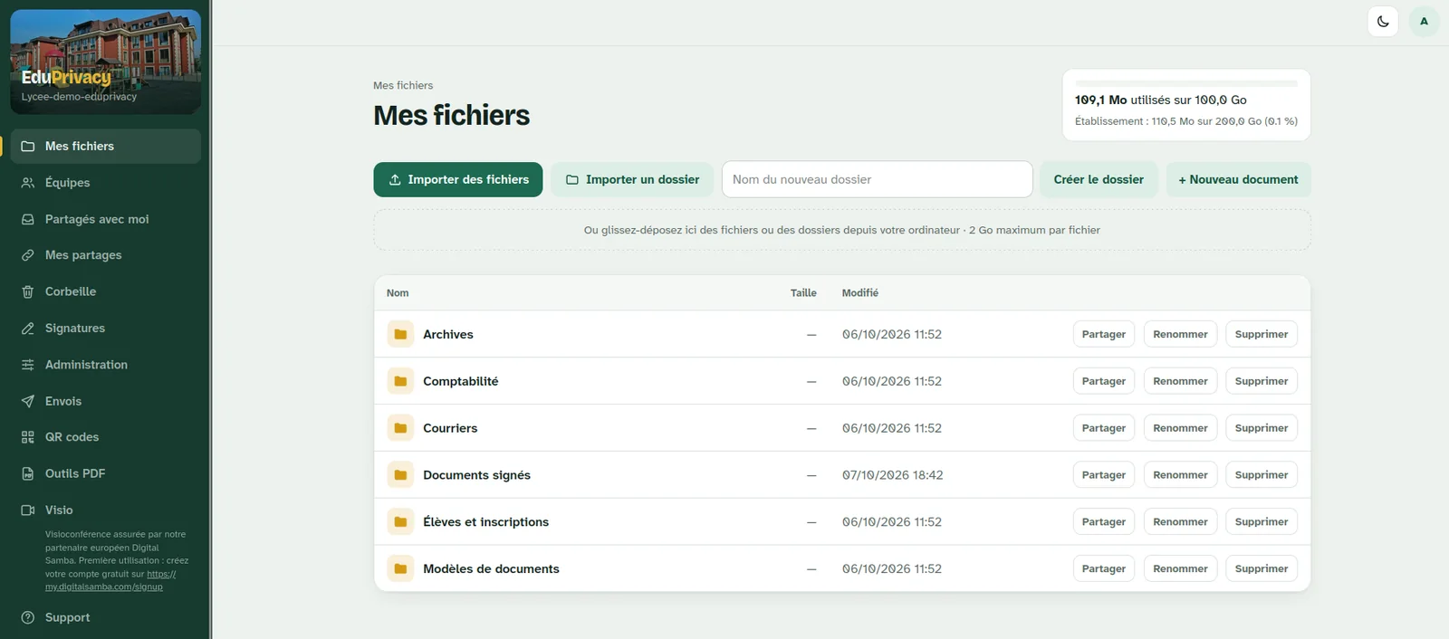 Page « Mes fichiers » de la Suite EduPrivacy
